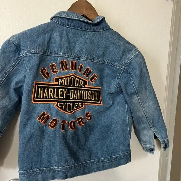 Vintage Harley-Davidson Kids Embroidered Denim Jacket Sz6 Bikercore Streetwear - Picture 2 of 8